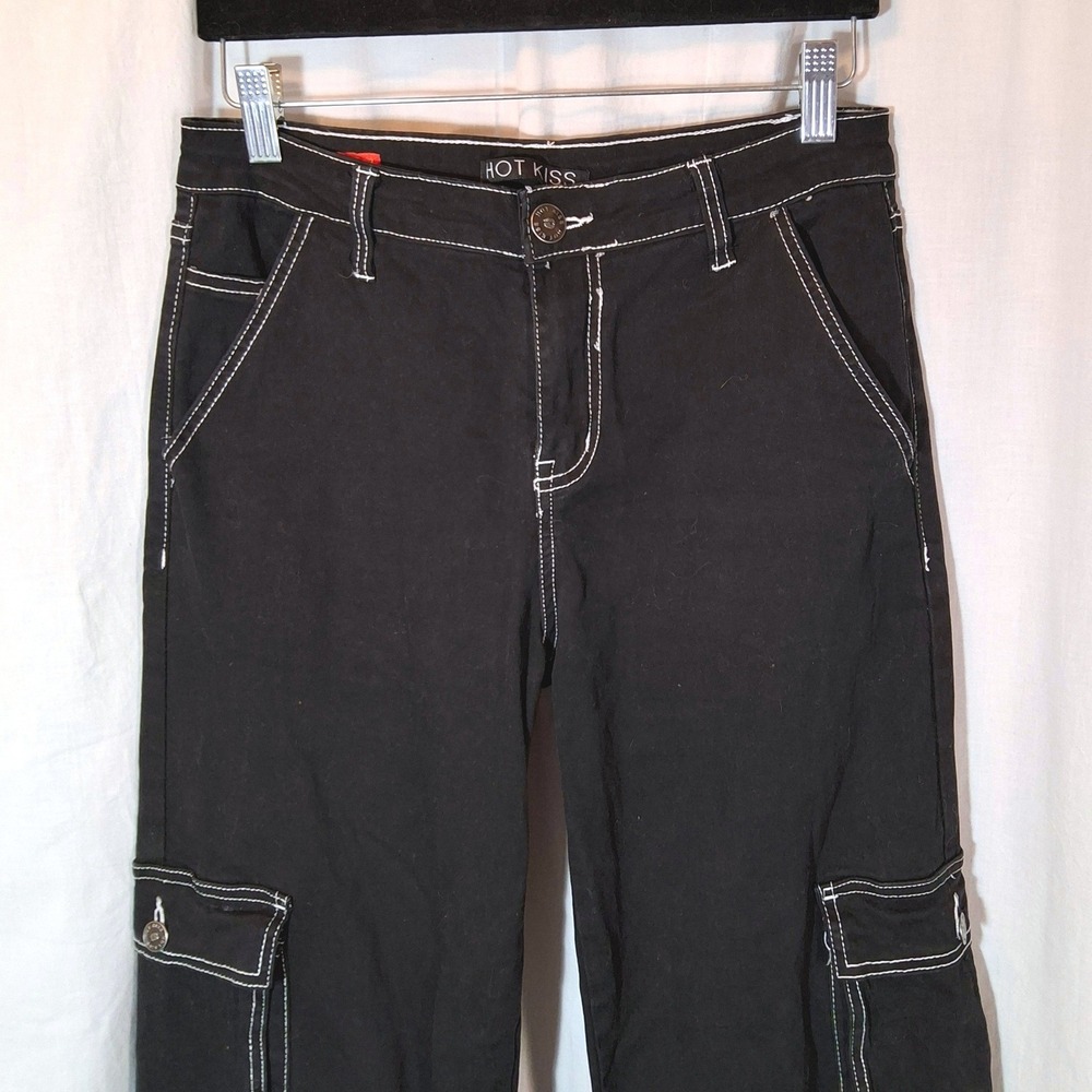 Vtg Hot Kiss Cargo Pants Jrs 7 Black Contrast Stitch Wide Leg Y2K Utility Grunge - Picture 2 of 8